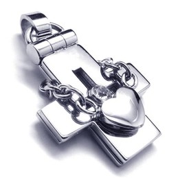 Openable Titanium Cross Pendant with Heart - Free Chian