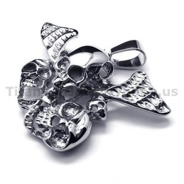 Pure Titanium Three Skull Design Pendant with Wings - Free Chain 16457