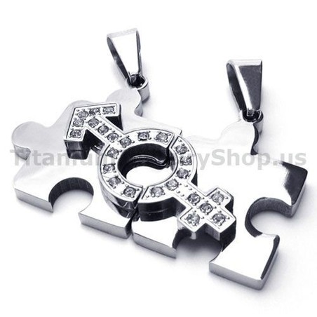 Jigsaw Puzzle Titanium Lovers Pendants with Diamonds-Free Chains 18141