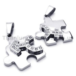 Jigsaw Puzzle Titanium Lovers Pendants with Diamonds-Free Chains 18141
