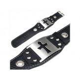 Mens Boys Pure Titanium Leather Cross Bracelet Bangle
