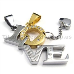 "LOVE" Titanium Lovers Golden Pendants with Diamonds-Free Chains 19120