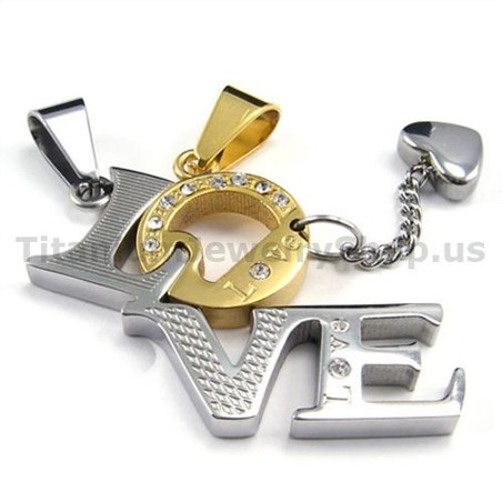"LOVE" Titanium Lovers Golden Pendants with Diamonds-Free Chains 19120