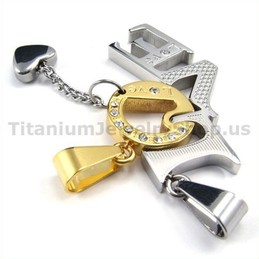 "LOVE" Titanium Lovers Golden Pendants with Diamonds-Free Chains 19120