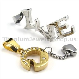 "LOVE" Titanium Lovers Golden Pendants with Diamonds-Free Chains 19120