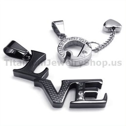 "LOVE" Black Titanium Lovers Pendants with Diamonds-Free Chains 19144