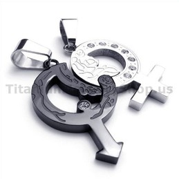 Black Titanium Lovers Pendants with Diamonds-Free Chains 19338