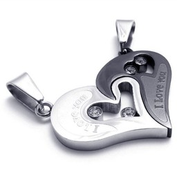 Sweetheart and Black Titanium Lovers Pendants with Diamonds - Free Chains