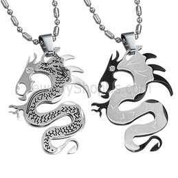 Titanium Silver and Black Dragon Lovers Pendants with Free Chains C399