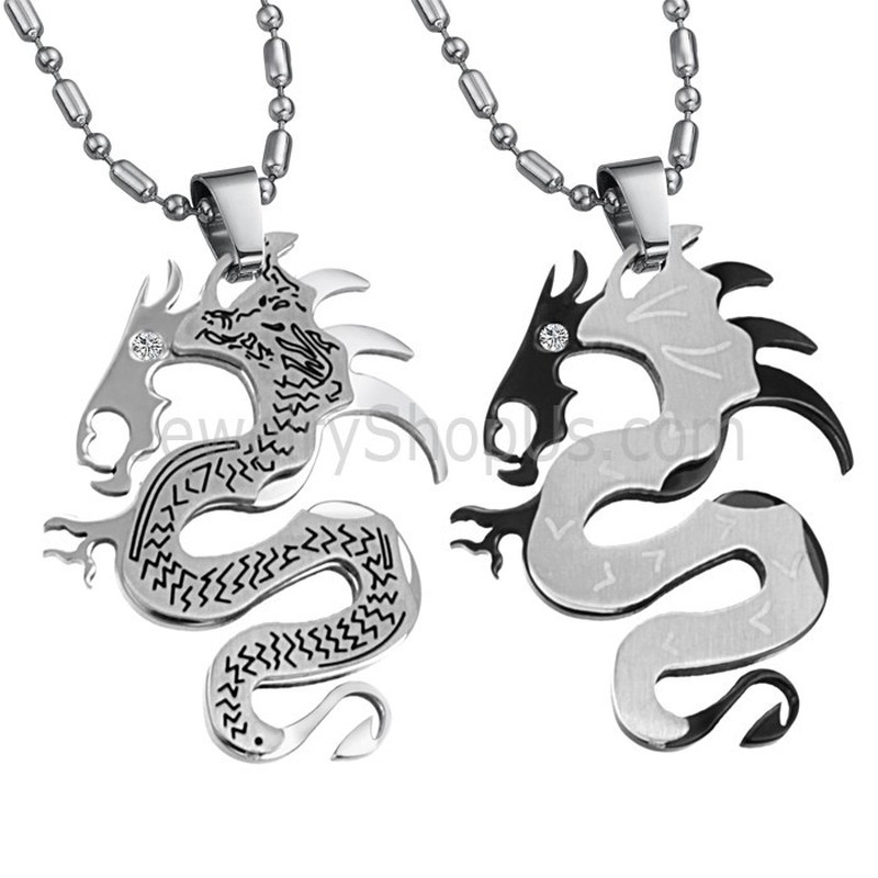 Titanium Silver and Black Dragon Lovers Pendants with Free Chains C399