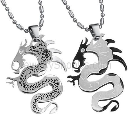 Titanium Silver and Black Dragon Lovers Pendants with Free Chains C399