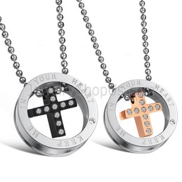 Titanium Rose Gold and Black Cross Lovers Pendants with Rhinestones and Free Chains C681