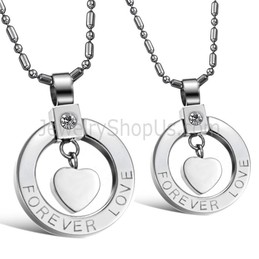Titanium Silver Sweetheart "Forever Love" Lovers Pendants with Rhinestones and Free Chains C415