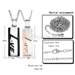 Titanium Rose Gold and Black "Love" Lovers Rectangle Pendants with Rhinestones and Free Chains C511