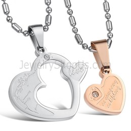 Titanium Rose Gold and Silver Sweetheart Lovers Pendants with Rhinestones and Free Chains C600
