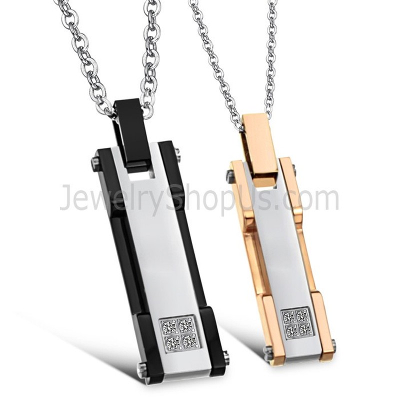 Titanium Rose Gold and Black Rectangle Lovers Pendants with Rhinestone and Free Chains C362 
