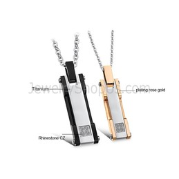 Titanium Rose Gold and Black Rectangle Lovers Pendants with Rhinestone and Free Chains C362 