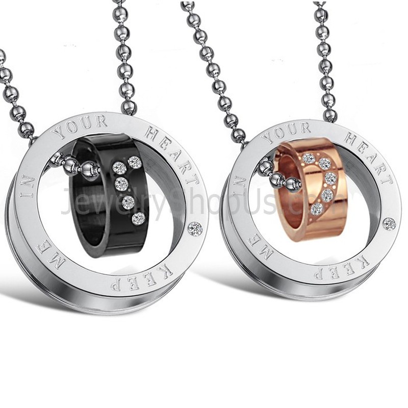 Titanium Rose Gold and Black Rings "Keep Me In Your Heart" Lovers Pendants with Rhinestone and Free Chains C673