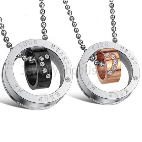 Titanium Rose Gold and Black Rings "Keep Me In Your Heart" Lovers Pendants with Rhinestone and Free Chains C673