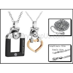 Titanium Black and Rose Gold Lovers Pendants with Rhinestones and Free Chains C507