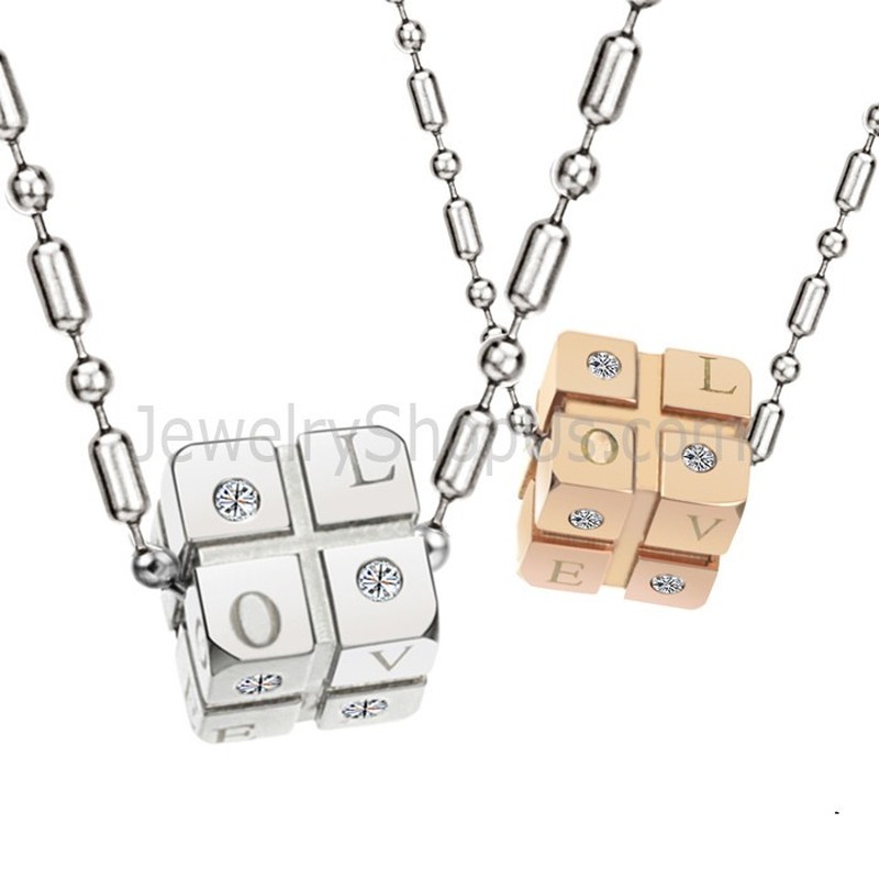 Titanium Silver and Rose Gold Dice Lovers Pendants with Rhinestones and Free Chains C309