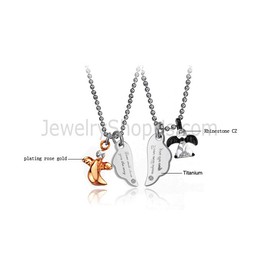 Titanium Black and Rose Gold Lovers Pendants with Rhinestones and Free Chains c739