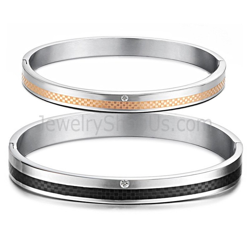 Tatanium Rose Gold and Black Grid Couple Bangles with Rhinestones C746