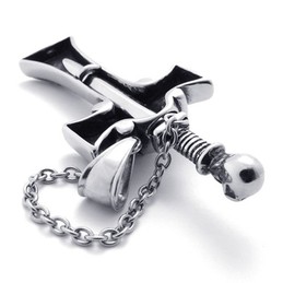 Skull With Red Diamond Dagger Titanium Cross Pendant 20542