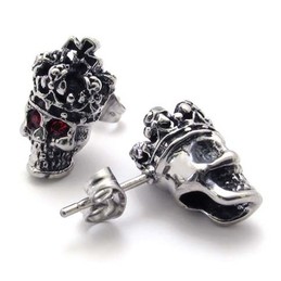 Red Diamond Crown Skull Titanium Earrings 20351