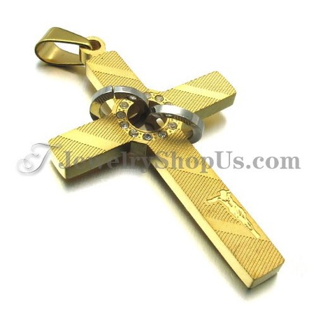 Cross Gold Titanium Pendant with Circles Rhinestones