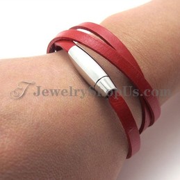 Fashion Red Leather Bracelet with Titanium