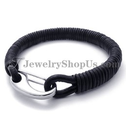 Fashion Black Leather Titanium Bracelet