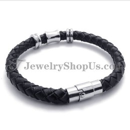 Elegant Black Leather Titanium Bracelet