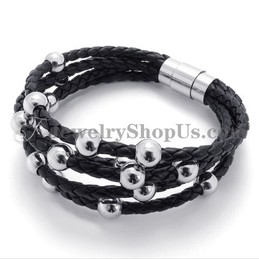 Fashion Black Leather with Titanium Bracelet