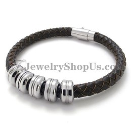 Elegant Black Leather and Titanium Bracelet