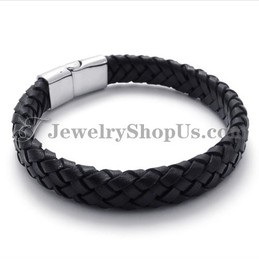 Elegant Black Titanium with Leather Bracelet