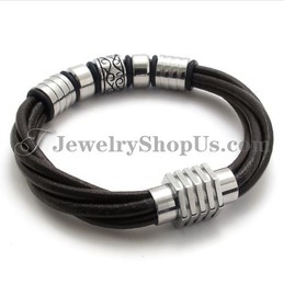 Fashion Brown Leather and Titanium Bracelet