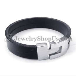 Elegant Black Leather Bracelet with Titanium