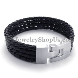 Elegant Black Leather and Titanium Bracelet