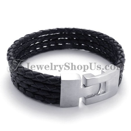 Elegant Black Leather and Titanium Bracelet