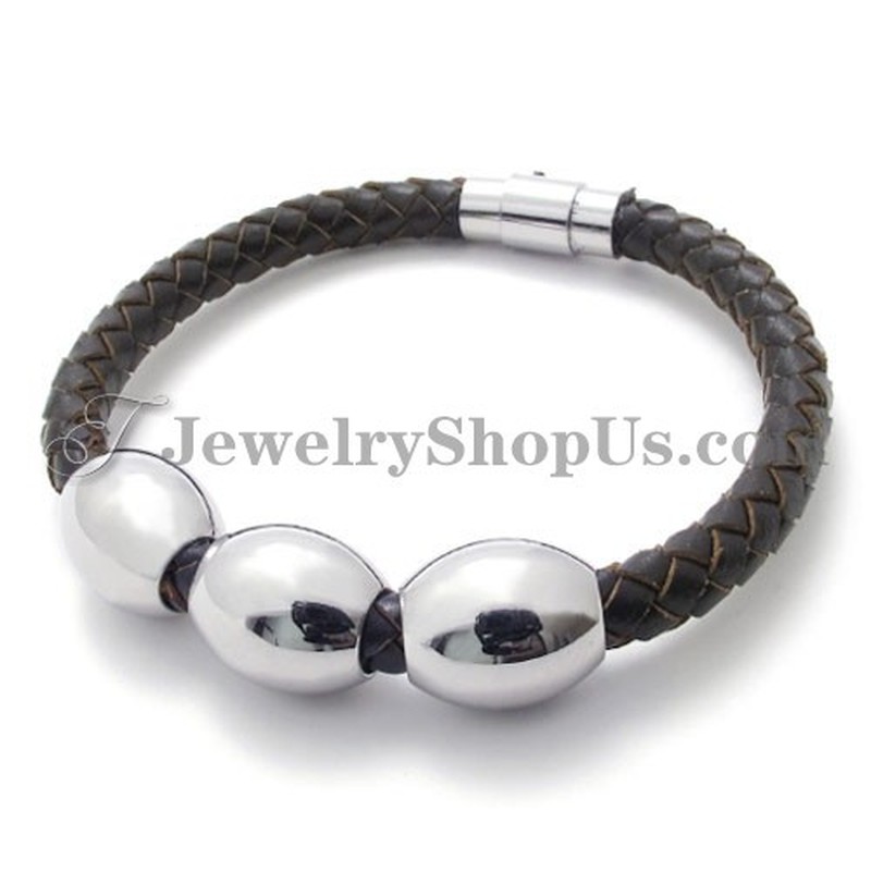Fashion Brown Leather Titanium Bracelet