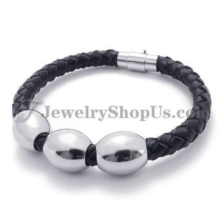 Fashion Black Leather Titanium Bracelet