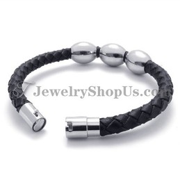 Fashion Black Leather Titanium Bracelet