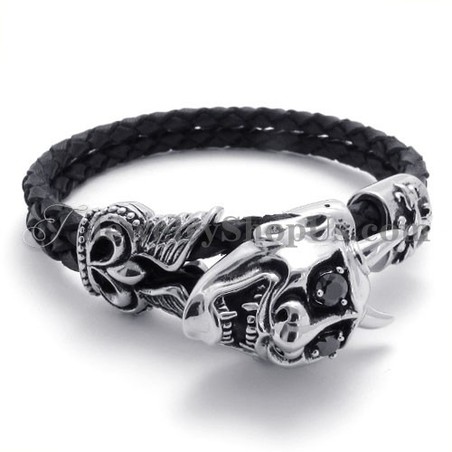 Fashion Black Leather with Titanium Bracelet
