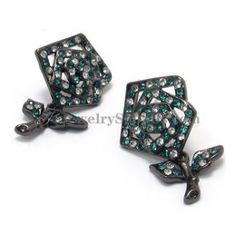 Beautiful Rose Alloy Earrings with Green Rhinestones