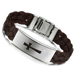 Stable Quality Male Cross Titanium Leather Bangle 