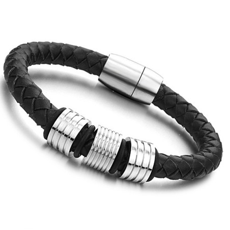 High Quality Black Titanium Leather Bangle 