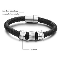 High Quality Black Titanium Leather Bangle 