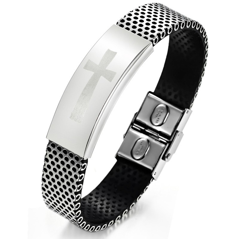 Quality and Quantity Assured Male Cross Titanium Leather Bangle 
