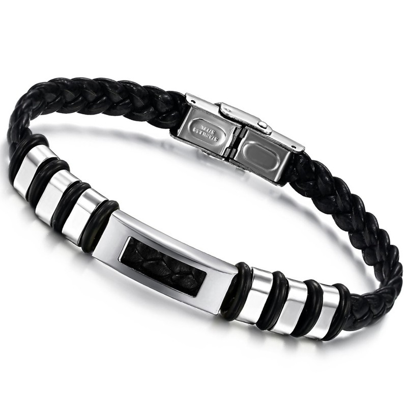 Easy to Use Male Titanium Leather Bangle 